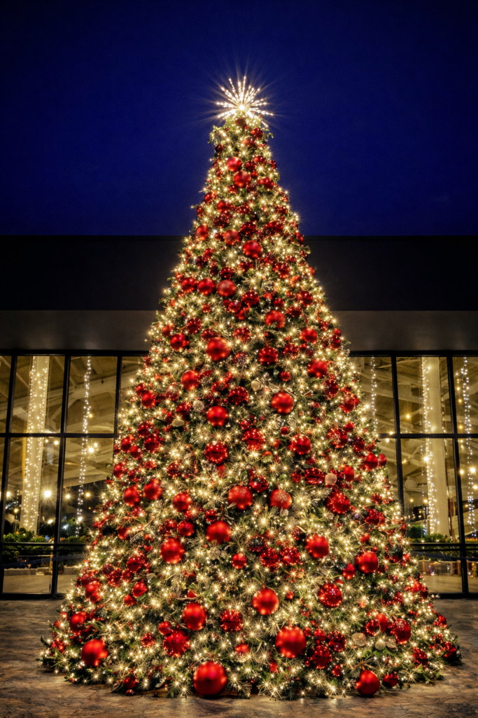 tower christmas tree with red ornaments