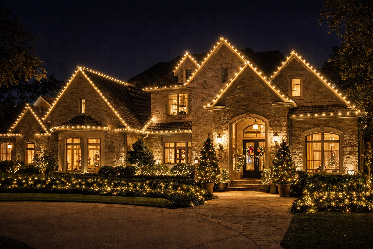 warm white christmas lights on a house