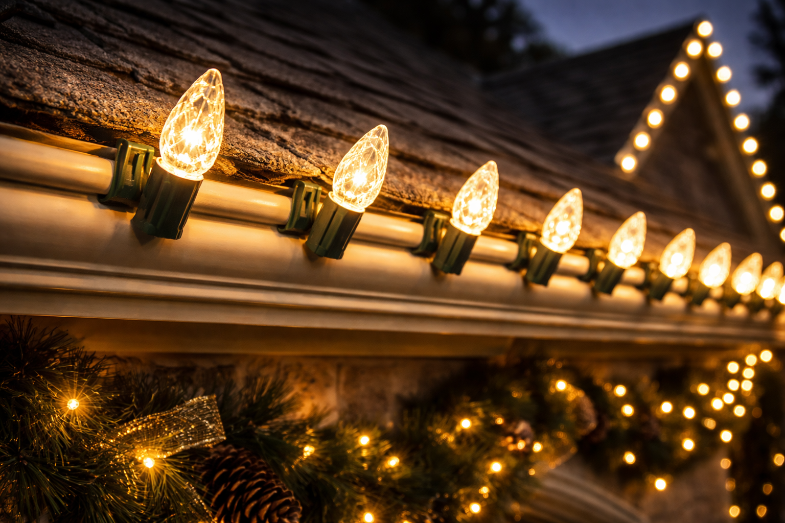 Close-up of warm white C9 Christmas lights on a roofline