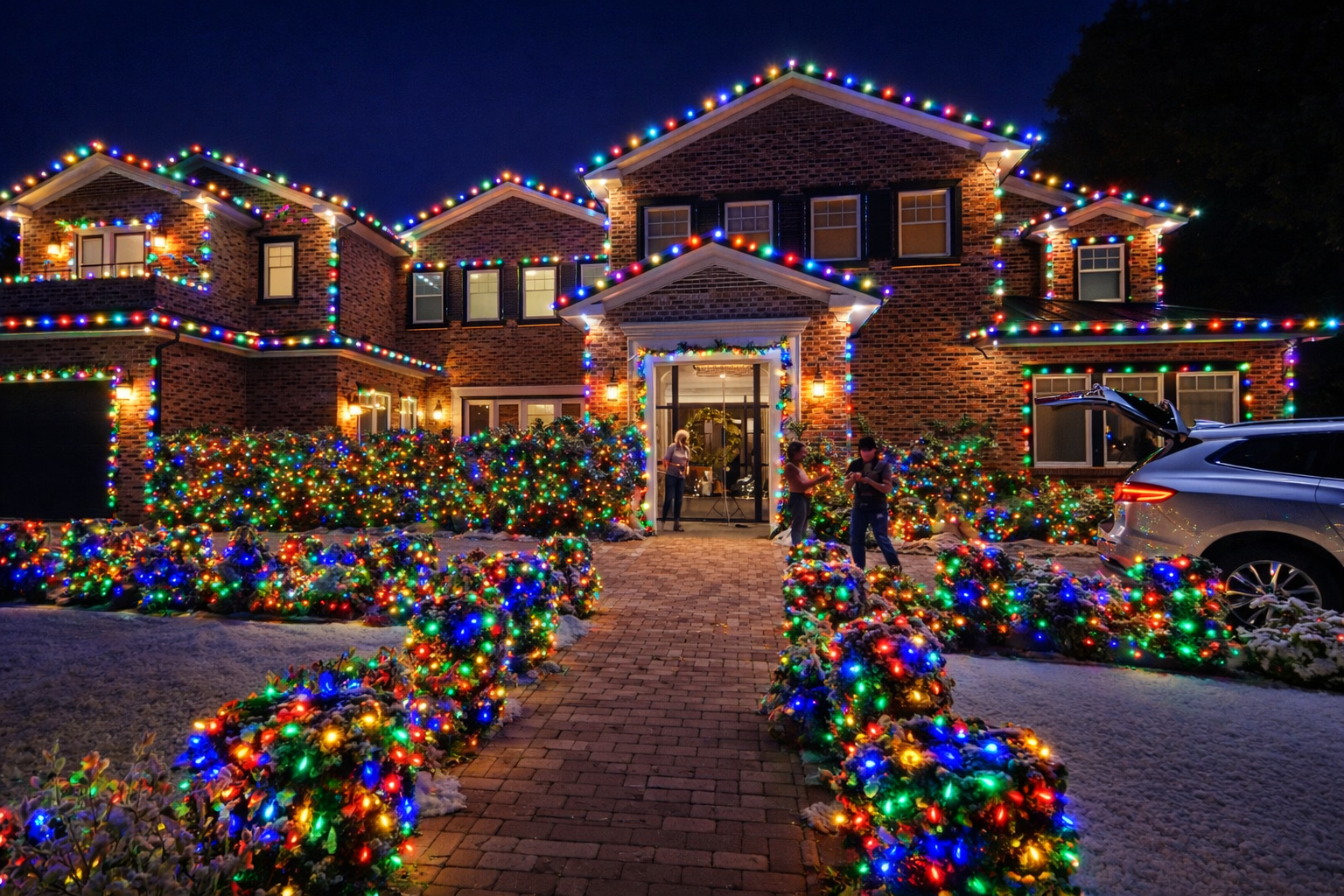 Two-story brick home decorated with professional multi-color Christmas lights along the roofline and landscaping at night