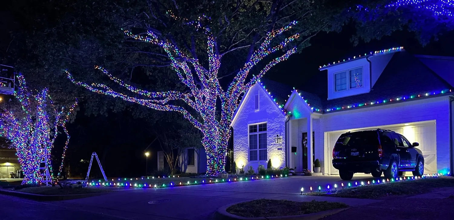 Large oak tree wrapped in warm white Christmas lights in front of a home with a blue roofline