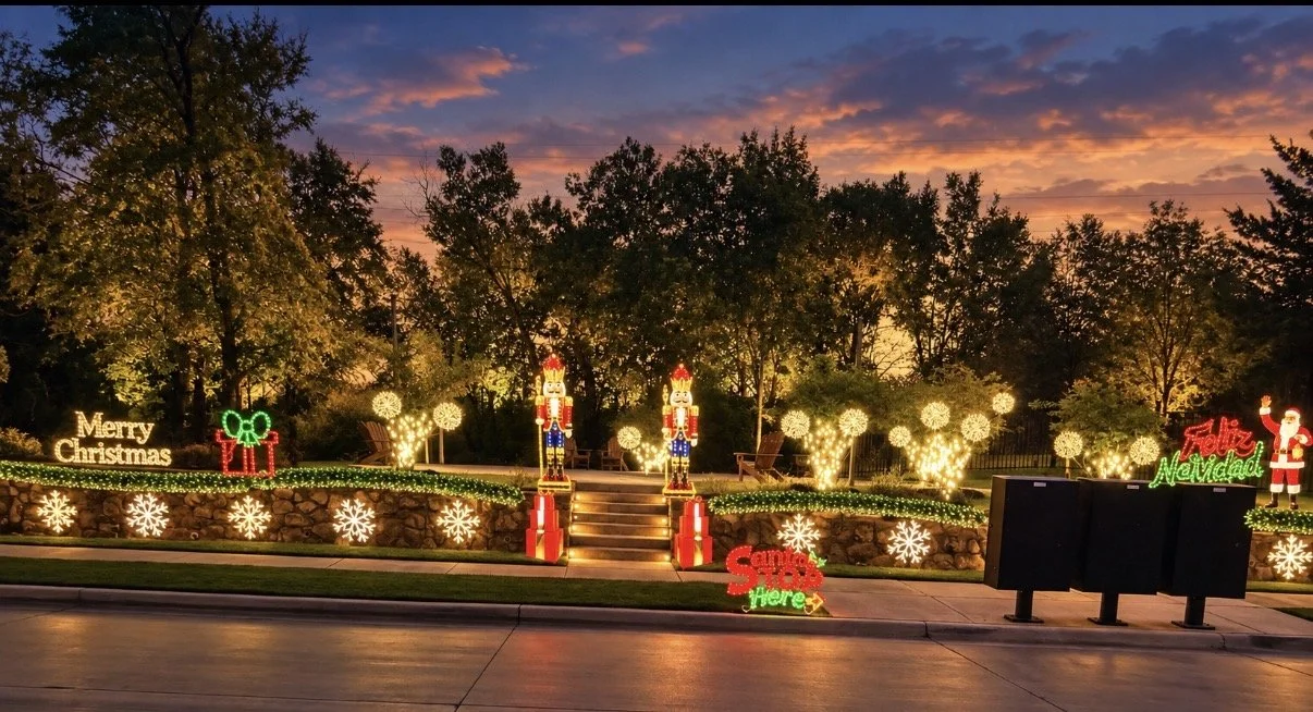 Warm white Christmas lights on roofline and landscaping at dusk