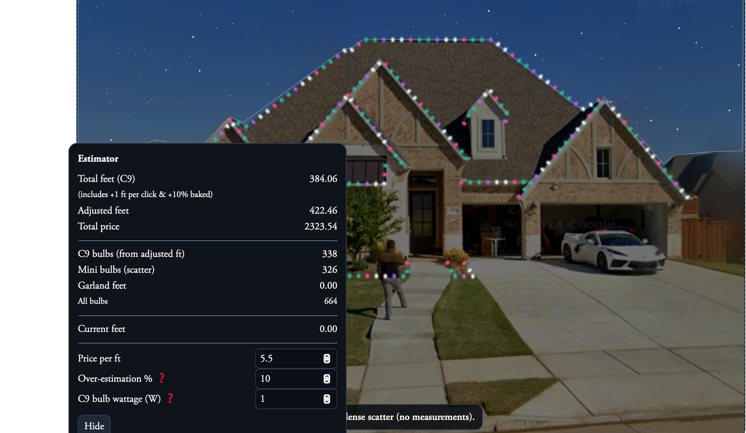 Measuring a roofline in Christmas light estimating software